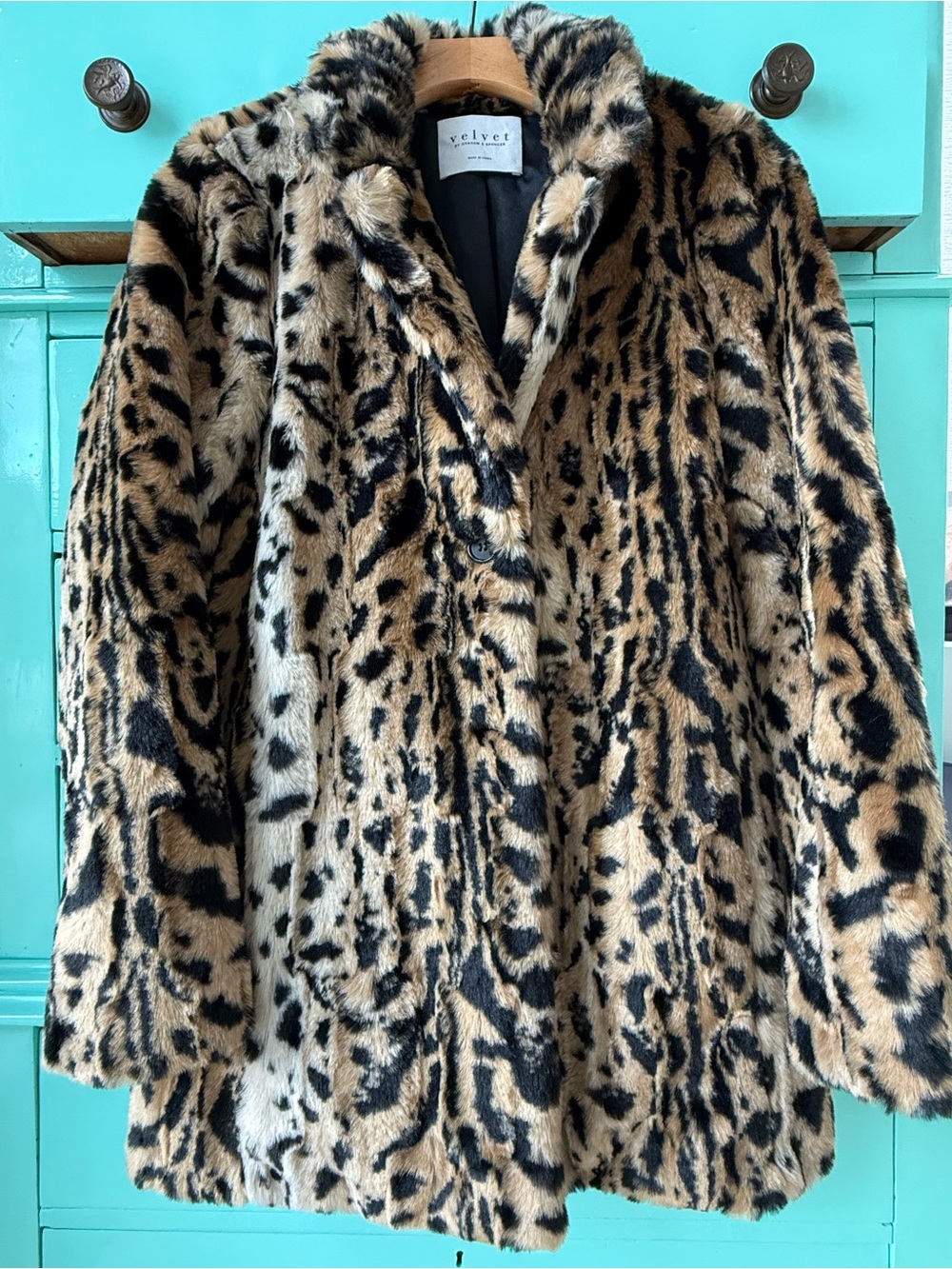 Velvet Leopard Print Faux Fur Coat - Tan & Black